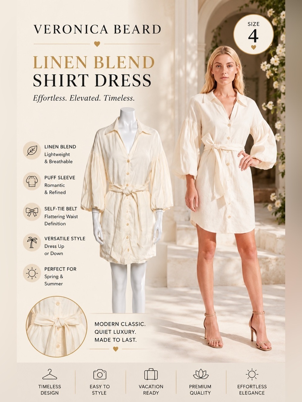 Veronica Beard Samy Shirt Dress 4 Linen Blend Cream Old Money Resort Vacation